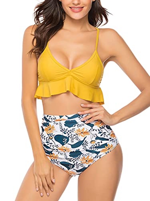 Voqeen Trajes De Baño De Dos Piezas para Mujer De Cintura Alta con Volantes Y Volantes con Cuello En V, Traje de Baño con Control De Barriga, Conjunto