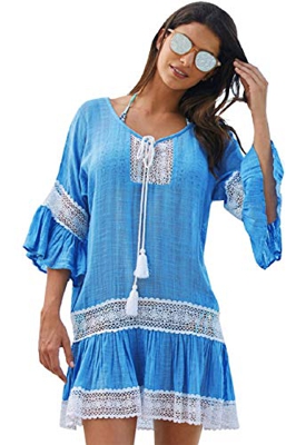Voqeen Mujer Borla Verano Vestido Pareo Túnica Encaje de Playa Bikini Cover Up Bikini Cubrir Mujer Playa Traje de Baño Vestido Camisola Talla única (A