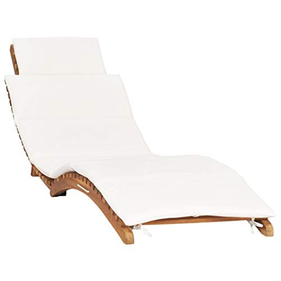 Tidyard Tumbona de Jardín Exterior/Interior para Balcón Patio Piscina Terraza Playa Tumbona Plegable con cojín Blanco Crema Madera Maciza de Teca