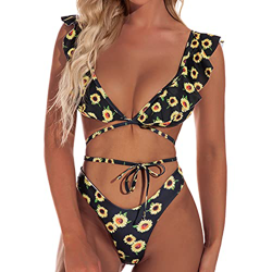 Voqeen Mujer Bikini Impreso con Cuello en V Volante Bikini Superior y Alto Corte Sexy Parte Inferior de Dos Piezas Trajes de Baño características