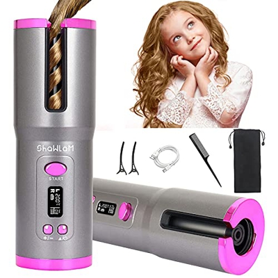 Rizador de pelo automático, pantalla LCD, interruptor giratorio y temperatura de giro, rizador recargable, fácil de transportar y usar.