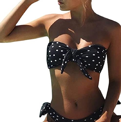 UMIPUBO Conjuntos de Bikinis para Mujer Top de Tubo de Lunares Acolchado de Dos Piezas Bikini Triangular Cintura Alta Cuello Halter Sin Tirantes Push 