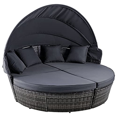 VONLUCE Tumbona de Cama Exterior con Toldo Ajustable Sofá Cama Redondo de Ratán con Cojines Cama Modular Exterior para Jardín