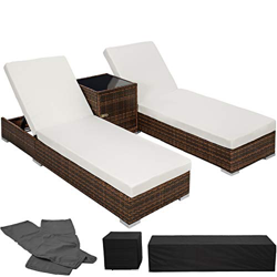 TecTake 800153 2X Tumbona Chaise Longue de Aluminio Poli Ratán + Mesa de Jardín + 2 Set de Fundas Intercambiables + Funda Completa (Negro-Marrón | No. características