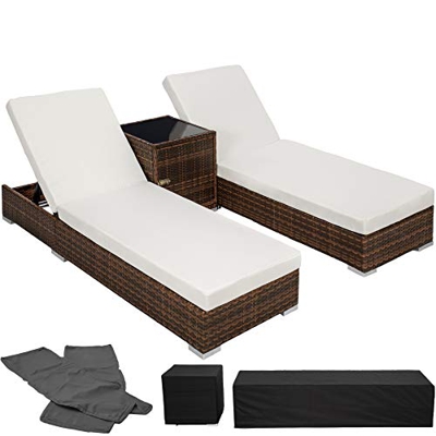 TecTake 800153 2X Tumbona Chaise Longue de Aluminio Poli Ratán + Mesa de Jardín + 2 Set de Fundas Intercambiables + Funda Completa (Negro-Marrón | No.