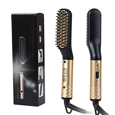 Gobesty Cepillo Alisador de Barba, Cepillo Barba Electrico, 2 in 1 Plancha de Pelo Flequillo Eléctrico, Temperatura Regulable Peine alisador de barba 