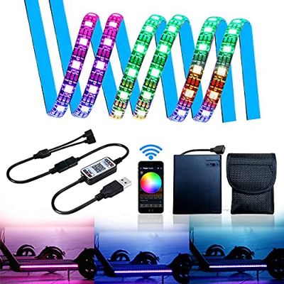 Tira de luz LED RGB para Patinete eléctrico con Controlador Bluetooth y Caja de Pilas, 2 Tiras LED Plegables para Patinete, Longboard, Bicicleta, luz 