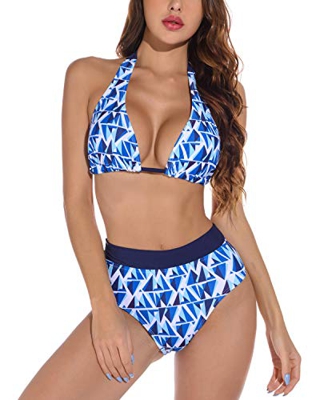 Voqeen Bikini Halter para Mujer Conjunto de Dos Piezas Ropa de Playa Patrones geométricos Traje de baño Superior e Inferior Impreso Traje de baño de C