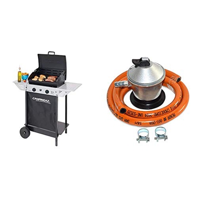 Campingaz Xpert 100 L Barbacoa gas, parrilla gas con dos quemadores compactos + S&M 321771 Regulador de Gas Butano Goma M + 2 Abraz, Gris/Naranja, 1,5