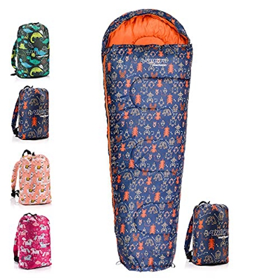 meteor Saco Dormir Tipo Momia con Capucha - para Niños en Viaje Camping Funda vivac Festival Hotel Portátil con Mochila YMER (Niño, Dino)