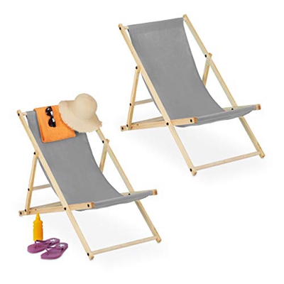 Relaxdays Liegestuhl Tumbona de Madera, 2 Unidades, Plegable, 3 Niveles, para balcón, jardín, Playa, soporta hasta 120 kg, Color Gris