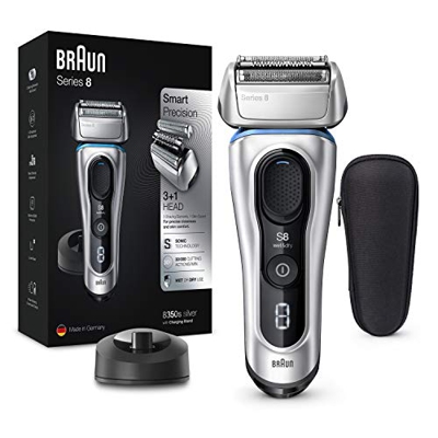 Braun Series 8 8350s - Afeitadora Eléctrica Hombre de Nueva Generación, para Barba, Recargable Inalámbrica, Base de Carga, Funda para Viaje, Color Pla