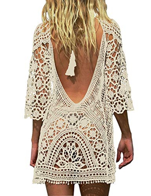 heekpek Vestido Playa Mujer Pareos Traje de Baño Bikini Camisola Playero Mangas Largas Cuello en V Hueco Borlas Pareos Ganchillo Boho Encaje