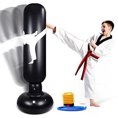 LURNOFY Saco de Boxeo Inflable para Niños, 160cm Saco de Boxeo de Pie, con Bomba de Aire Incluida, para Practicar Karate, Taekwondo, Artes Marciales (
