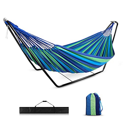 Hamaca de camping con soporte, hamaca doble con soporte de marco de metal, hamaca de jardín para niños, hamaca grande para niños y adultos para viajes