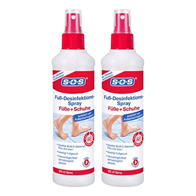 SOS Fuß-Desinfektions-Spray, 2 x 250 ml Sprühflasche, Spray für die Füße zum Schutz vor Fußpilz-Erregern und Bakterien, auch zur Desinfektion von Schu
