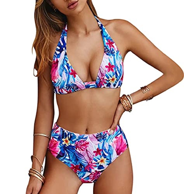 CMTOP Trajes de Baño Bikini Las Mujeres de Dos Piezas Bathing Suit Bikinis Mujer Conjunto de Cuello Halter Estampado Floral de Cintura Alta para el Ve