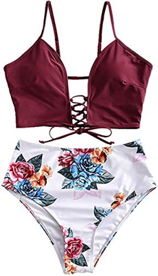 JFAN Mujer Playa Traje de Baño Nudo Delantero de Cintura Alta con Estampado Floral Correas Trenzadas Conjunto de Bikini
