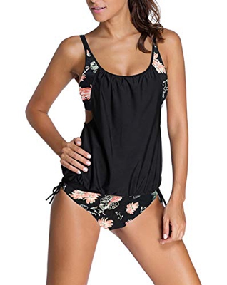 Kfnire Traje de Baño de Dos Piezas Tankini Mujer Push up más tamaño Tankini (B- Negro + Flores, XXL)