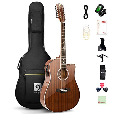Vangoa Guitarra 12 Cuerdas Electroacústicas 4/4 Madera de Sapeli Dreadnought Doce-cuerdas Guitarra con Ecualizador de 4 bandas, Marrón