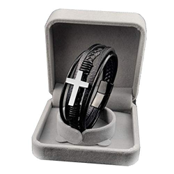 WINFCOY Faith Steel Cross Brazalete, Brazalete de Cuero de Acero Inoxidable para Hombre, Regalo de joyería Religiosa Trenzada Personalizada con Hebill características