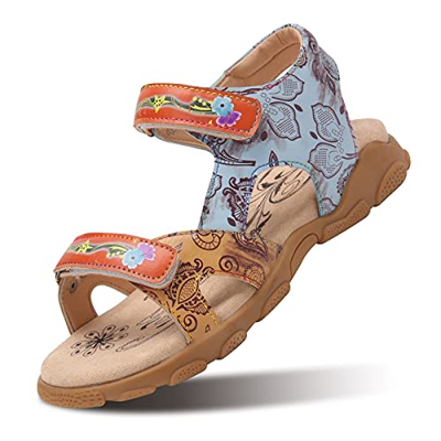 Camfosy Sandalias Planas de Senderismo de Cuero para Mujer,Sandalias Deportivas Verano al Aire Libre Vacaciones Ocio Zapatos Hechos a Mano Cierre Velc