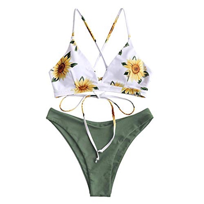 CheChury Mujeres Conjunto de Bikini con Relleno Halter Bañador Push Up Tirantes Cruzados Bikini Floral impresión Trajes de baño