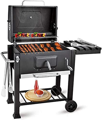 bigzzia Barbacoa de carbón vegetal con tapa, carro con estante lateral y ganchos, antracita y acero inoxidable, barbacoa para camping, jardín o patio 