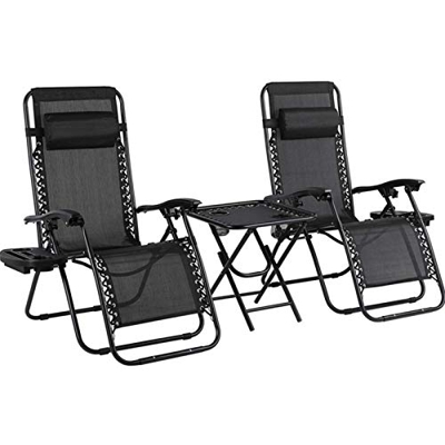 Juego de Tumbonas Plegables con Mesa, Soporte para Bebidas, Mecedoras Jardín para Exterior con Almohadilla Ajustable para la Cabeza, Ergonómica, Trans