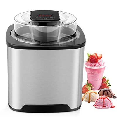 Máquina Hacer Helados, Heladera Cuadrada 2L de Acero Inoxidable,Bajo Consumo,con Temporizador (de 5 a 45 minutos) y Apertura de Tapa, Pantalla LCD, In