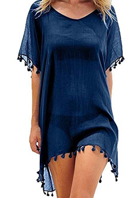 UMIPUBO Mujer Ropa de Baño Suelto Vestido de Playa Borla Verano Camisolas y Pareos Transparente Bikini Cover up (Armada)