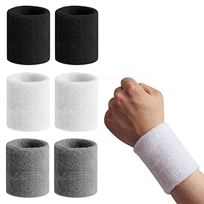 HENGBIRD Juego de 6 muñequeras deportivas, absorben la humedad, unisex, para fútbol, baloncesto, fitness, yoga, correr, tenis (negro, blanco y gris os
