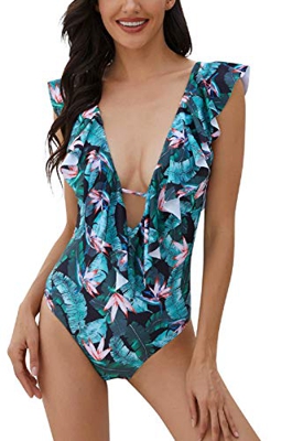 UMIPUBO Trajes de Baño Una Pieza Bañador Alta Cintura Push Up Trajes de Brasileño Conjunto de Bikini para Mujer Volante Cuello en V Fruncido Bikini Se