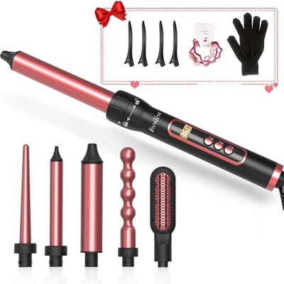 Rizador de Pelo 6 en 1, Eenten Planchas Rizadoras Profesional con Cepillo Plancha Guante 4 Lazos 4 Pinzas, Pantalla LCD Temperatura Ajustable Calentam