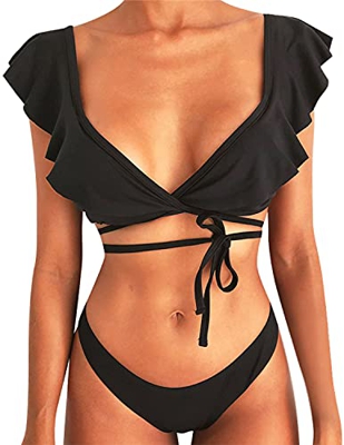 Voqeen Mujer Bikini Impreso con Cuello en V Volante Bikini Superior y Alto Corte Sexy Parte Inferior de Dos Piezas Trajes de Baño