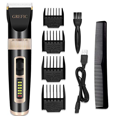 GREFIC Cortapelos Electrónico Maquinilla Cortar Pelo Ajustable indicador LED con 4 Peines Adecuado para Barba, Mudo, Con cable de carga USB, 4 Horas d