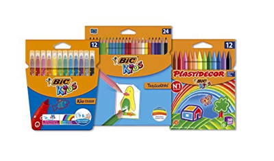BIC Kids Kit - 12 Rotuladores BIC Kids Kid Couleur, 24 Ceras BIC Kids Plastidecor, 24 Lápices de Colores BIC Kids Tropicolors - Colores Surtidos