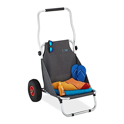 Relaxdays Carrito de Playa Plegable, Silla de Playa con Ruedas, portátil, Ligero, 2 neumáticos de Aire, Tumbona de Transporte, Color Gris