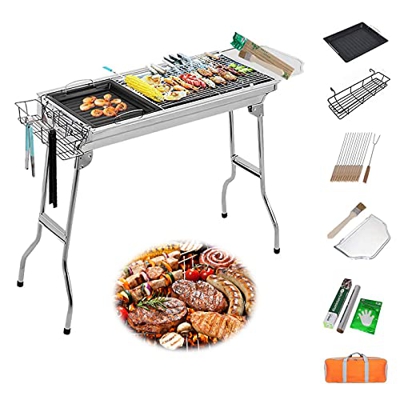 Bilisder Parrilla de Barbacoa Portatil, Parrilla de Carbón para Barbacoa Plegable de Acero Inoxidable, 18 Accesorios para Barbacoa en Bolsa de Almacen