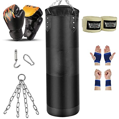 PAKASEPT Saco de Boxeo Set 8-In-1 para Niños Sin Relleno, 80cm Saco de Boxeo Pesado con Guantes de Boxeo de 6 oz y Mangas Protectoras para Manos Caden