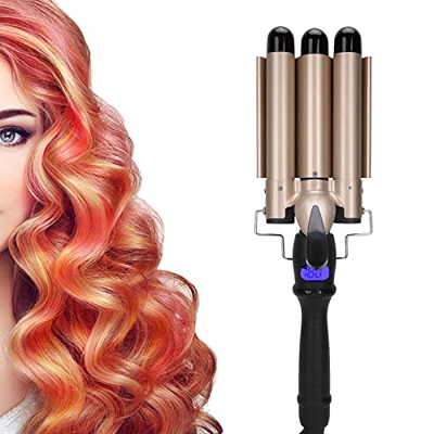 Rizador de pelo de 3 barriles, varilla rizadora de ondulación del cabello con temperatura ajustable con pantalla LCD, varita rizadora rizadora de cabe