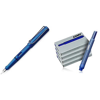 Lamy Fountain Safari Pluma estilogrfica, color azul + Cartuchos de tinta para pluma estilográfica 2077 4er-Set, T10, color azul, 4 paquetes (20 cartuc