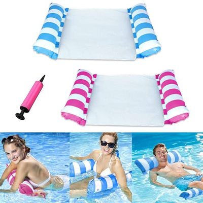 Zueyen Hamaca flotante de piscina de alta calidad, cómoda hamaca, hamaca de agua, hamaca de agua multiusos con bomba de aire manual (azul y rojo)