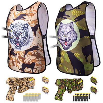 DX DA XIN Juego de chaleco táctico para niños,2 chalecos con dianas +2 pistola Blaster +40 dardos de espuma suave,chaleco de camuflaje para soldados, 