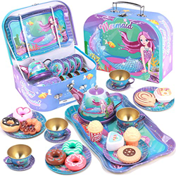 Tacobear Juego de té Infantil Juego de té Juguete con Postre Juguete Estuche de Transporte Estaño Tetera Sirena Juguete de té Juegos de imitación Sire precio
