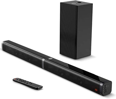 BOWMAKER Tech Barra de Sonido 2.1 Canales para TV 100W con Subwoofer, Potencia 110 dB, Bluetooth 5.0, 5 Modos de Sonido, Óptico, 3,5 mm AUX, USB, para