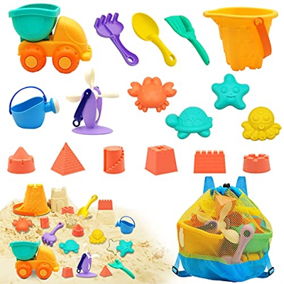 Euyecety Juguetes de Arena Juguetes de Playa para Niños y Niñas, 18 Piezas Juegos Playa Bebes Set con Bolsa Malla, Beach Toy con Cubo Playa, Palas Pla
