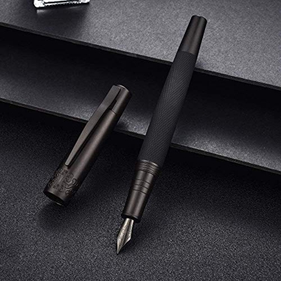 Hongdian 6013 Pluma Estilográfica Negra Mate con Caja de Regalo de Metal Juego de Bolígrafos de Regalo de Punta Fina Negra de Titanio