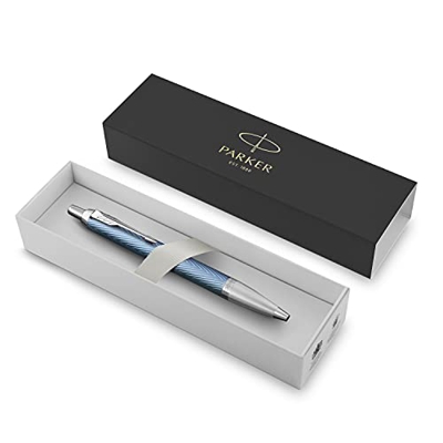 Parker IM bolígrafo | Lacado en azul-gris Premium con adornos cromados | Punta mediana con recambio de tinta azul | Estuche de regalo