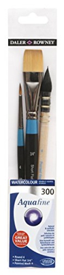 Daler Rowney Estuche con 3 Pinceles para Acuarela Aquafine: Redondo 4, Plano Cuadrado 3/4”, Redondo Punta Fina Montado sobre Pluma 4 (D282300300)
